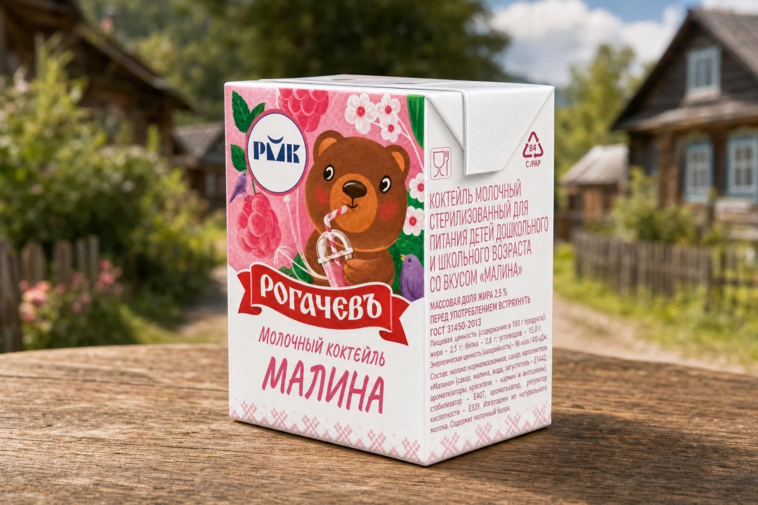 Коктейль молочный "Малина" стерил. для пит. детей дошк. и шк.возр. ТБА 210г 2,5 %, с соломкой ТМ "Рогачевъ"
