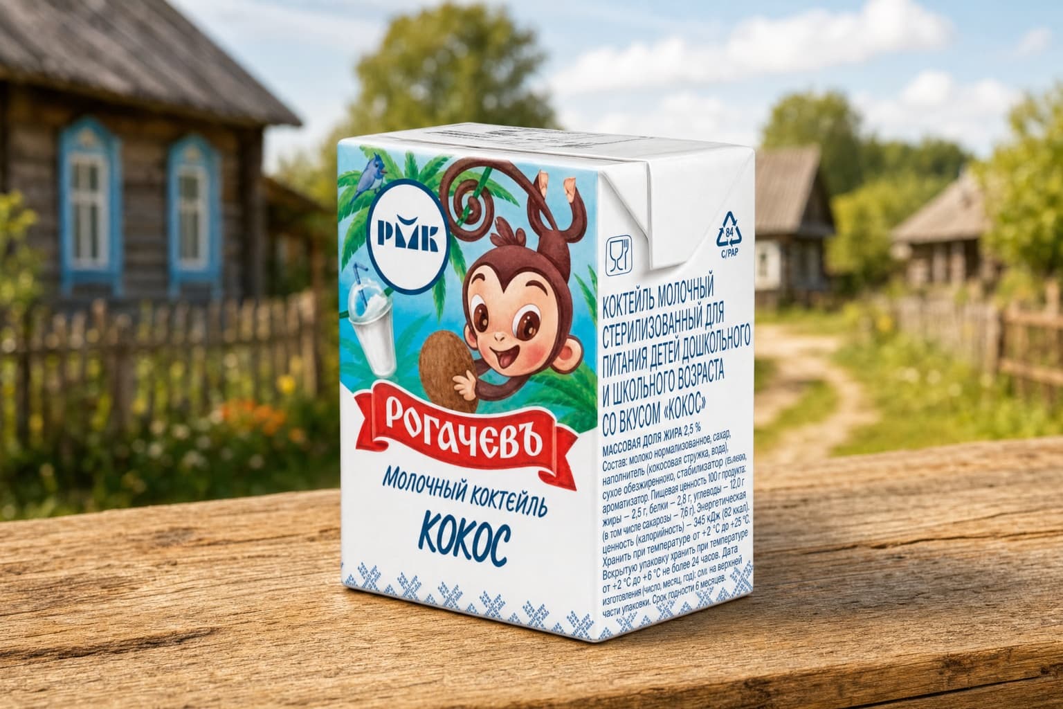 Коктейль молочный "Кокос" стерил. для пит. детей дошк. и шк.возр. ТБА 210г 2,5 %, с соломкой ТМ "Рогачевъ"