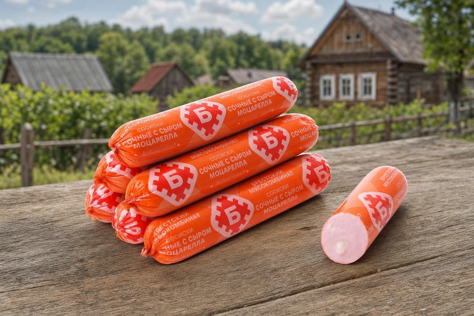 Сосиски "Сочные с сыром МОЦАРЕЛЛА" мясо птицы в/с (газ) Брестский МК