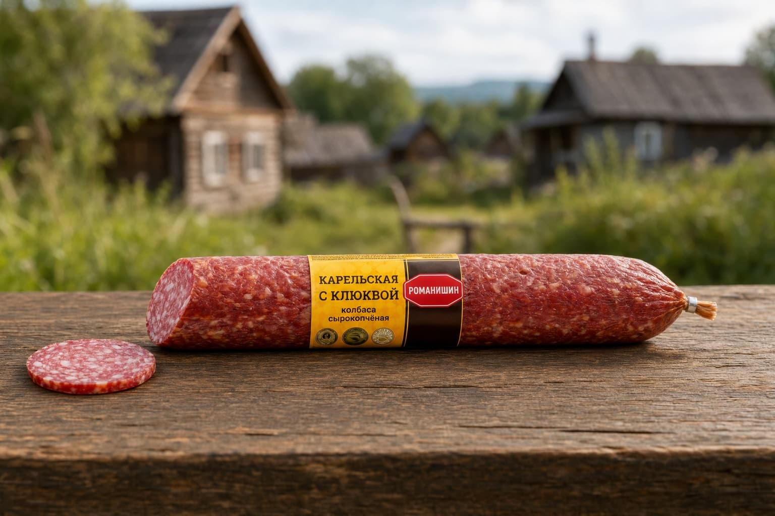 "Колбаса полусухая "Карельская с клюквой ". Мясное колбасное изделие сырокопченое 