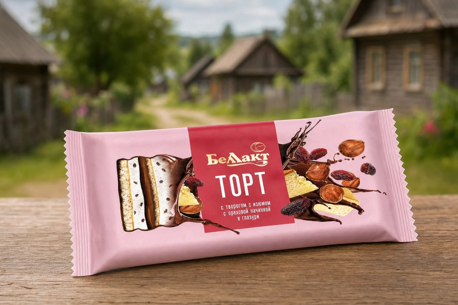 Торт с творогом с изюмом с ореховой начинкой в глазури, массовая доля жира в творожной части продукта 24% 200 г