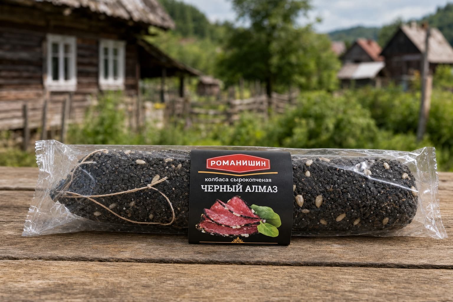 Колбаса полусухая "Черный алмаз". Мясное колбасное изделие сырокопченое. (Упаковано в перфорированый пакет).