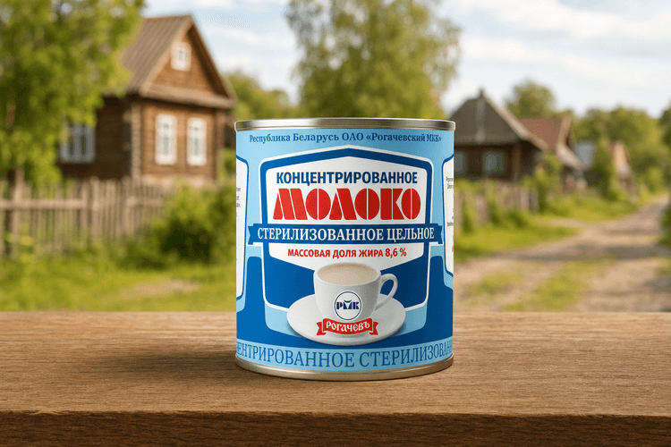 Молоко концентрированное стерелизованное цельное, м.д.ж. 8,6% ТМ "Рогачевъ" в ж/б, 300 г.