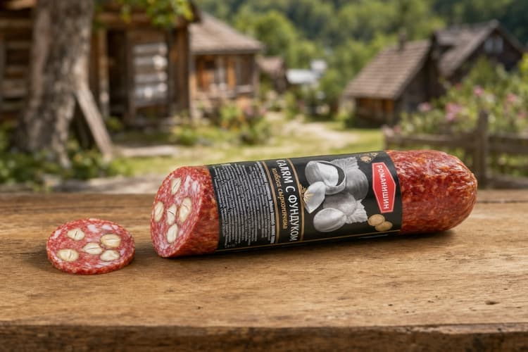 Колбаса полусухая "Салями Романа" .   Мясное колбасное изделие сырокопченое. (Упаковано под вакуумом. Сервировочная нарезка)