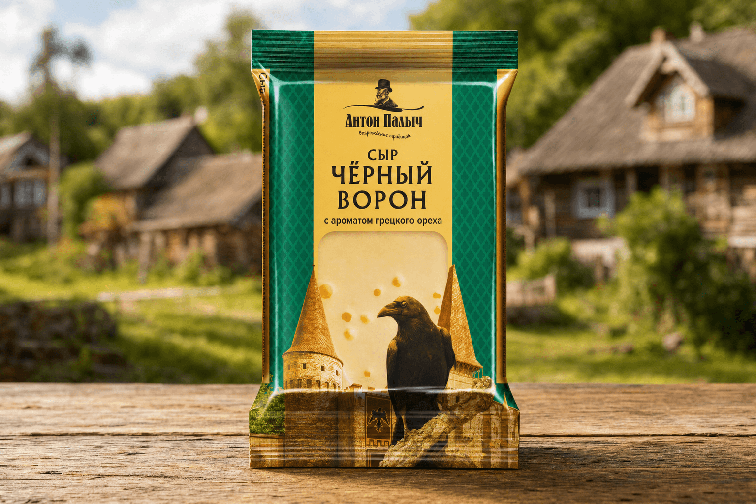 Сыр фасованный Черный Ворон" (Осиповичи) с ароматом грецкого ореха 50% брус 180г.ТМ Антон Палыч